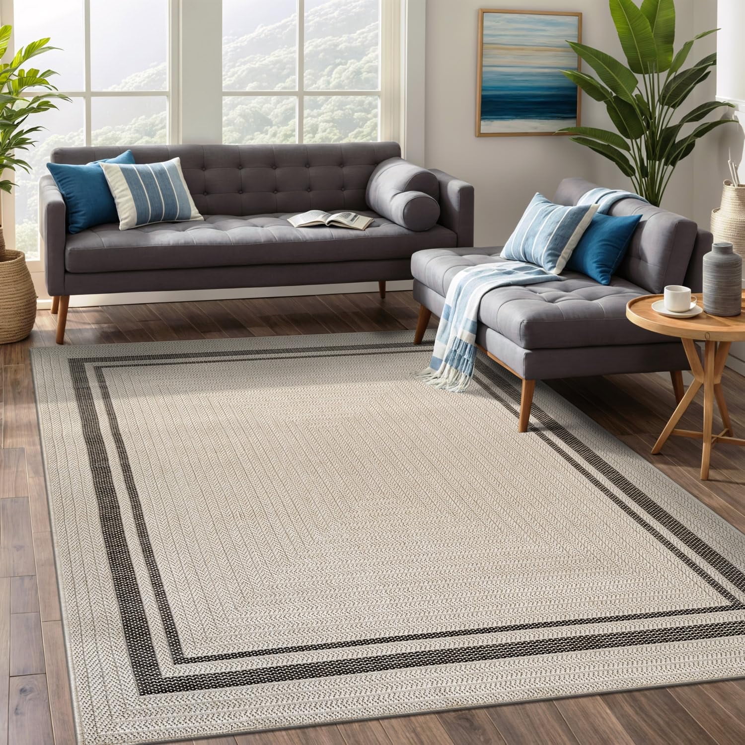 Beverly Rug Easy Jute Outdoor Indoor Non Shedding Easy-Cleaning Rug Bordered Off-White 4x6