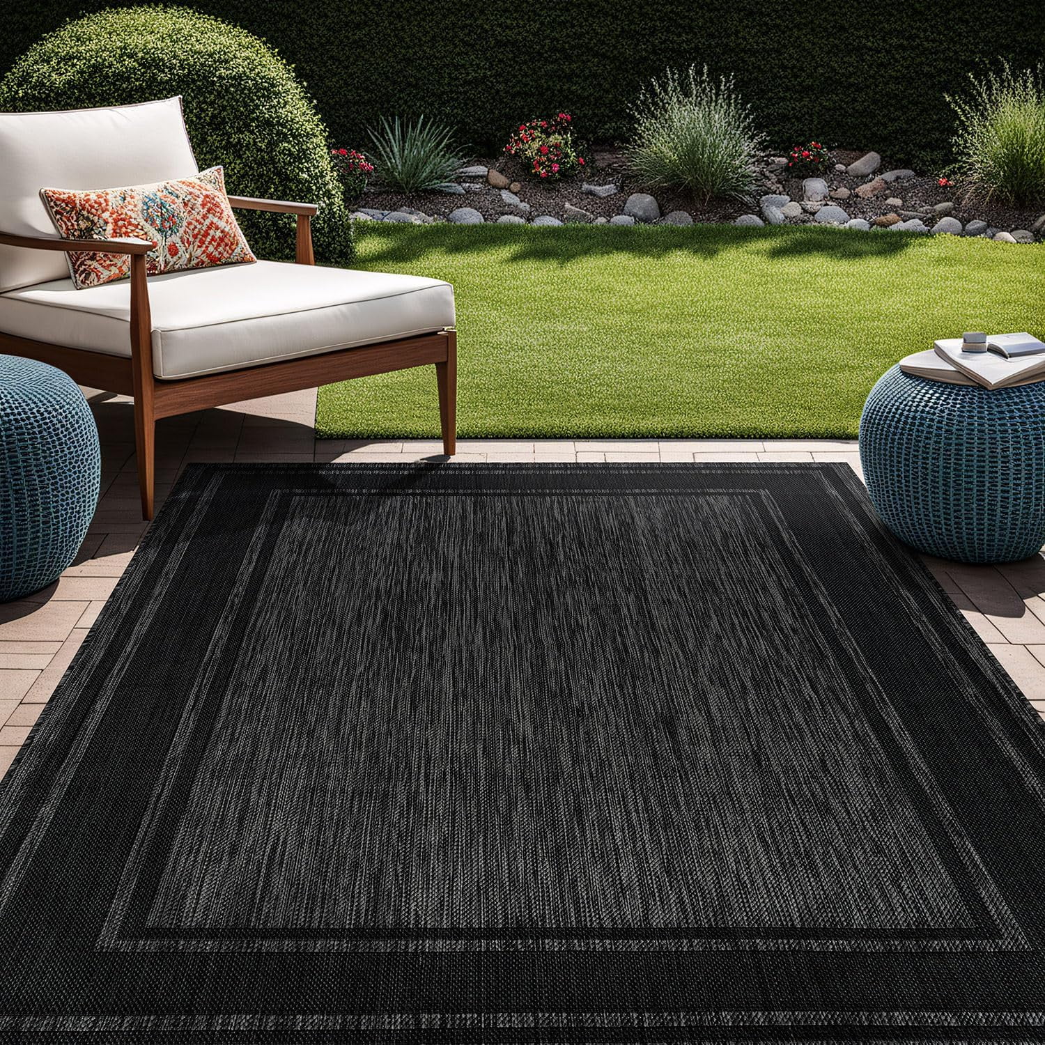 Beverly Rug Floral Bordered Washable Outdoor Indoor Area Rugs 10x14 Black