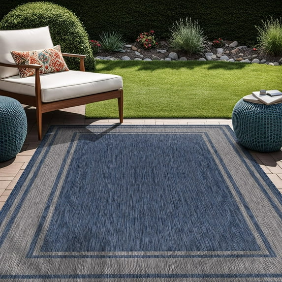 Beverly Rug Floral Bordered Washable Outdoor Indoor Area Rugs 5x7 Navy
