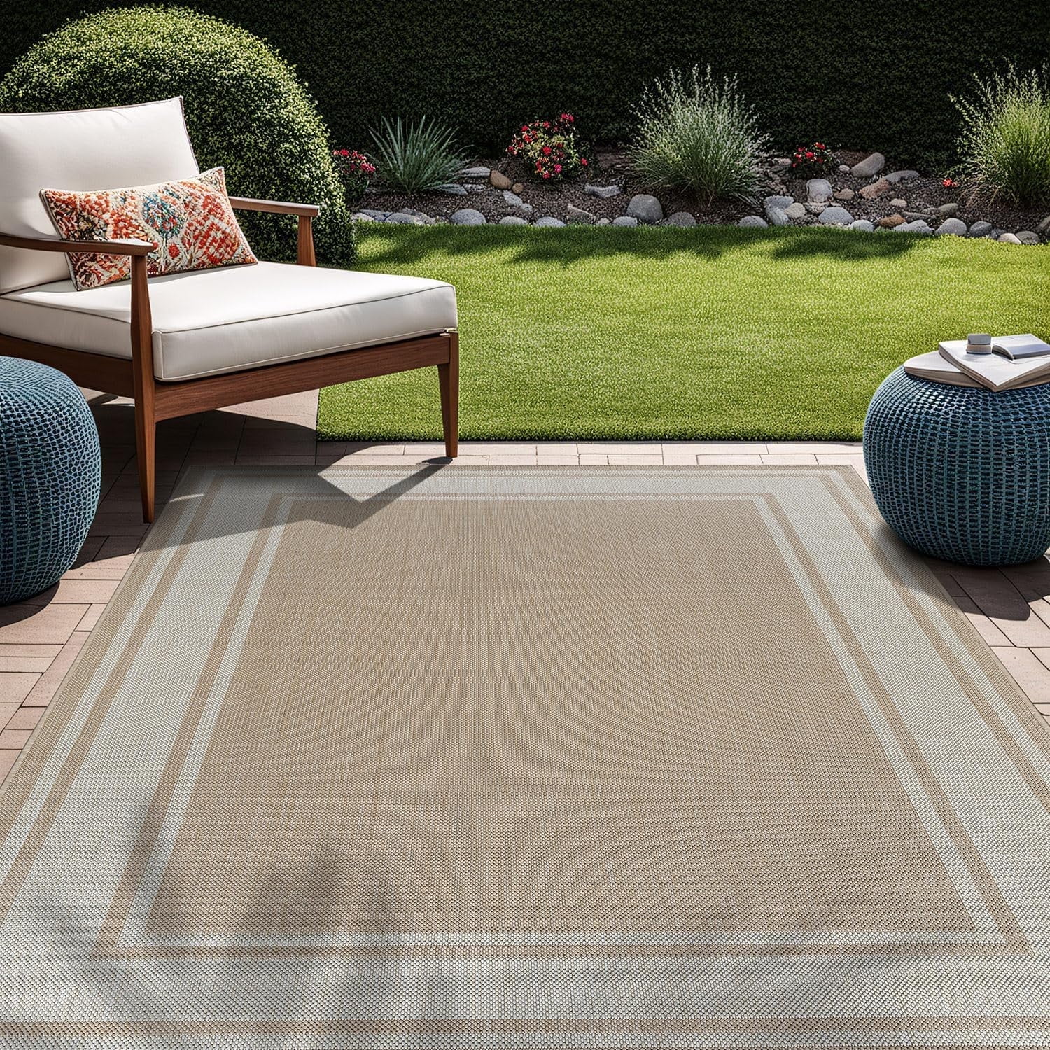 Beverly Rug Floral Bordered Washable Outdoor Indoor Area Rugs 8x10 Beige