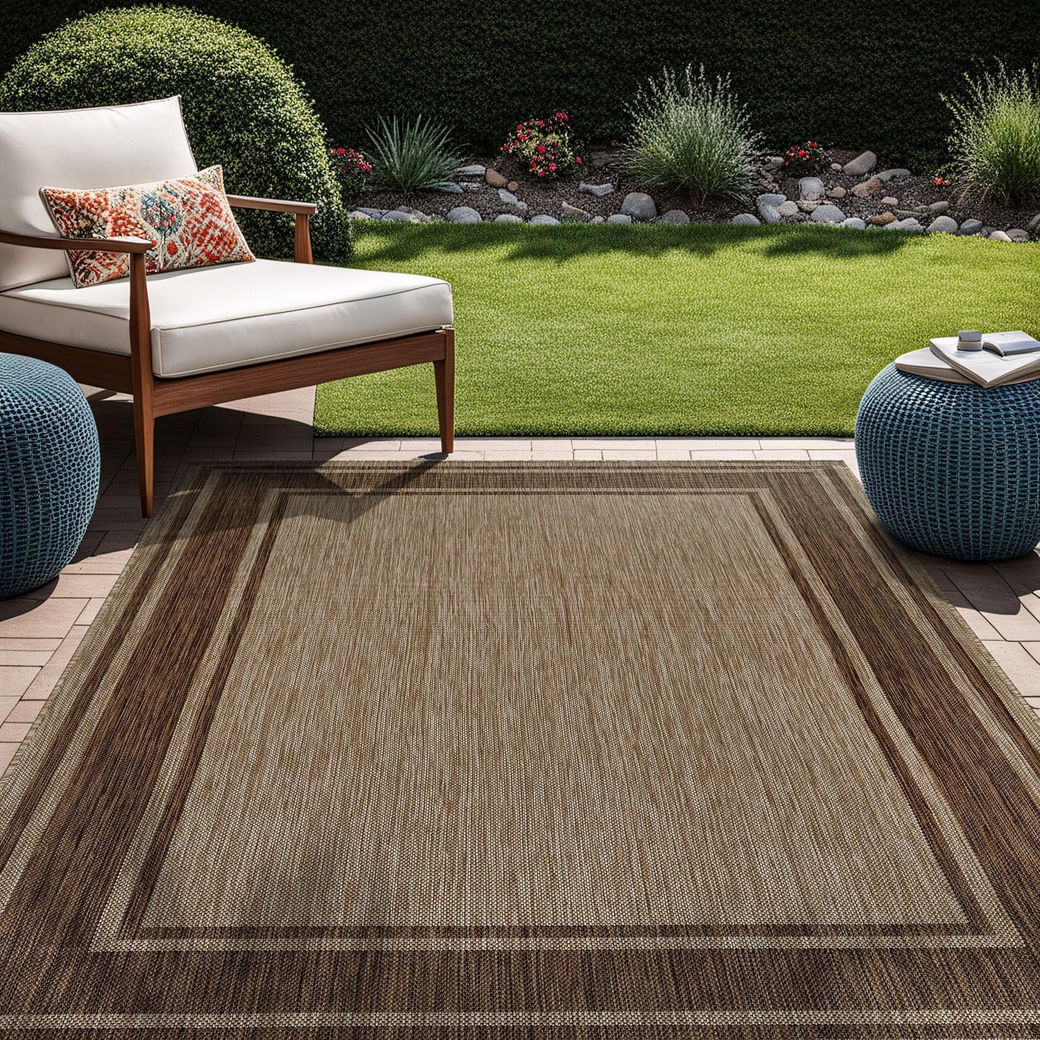 Beverly Rug Floral Bordered Washable Indoor/Outdoor Rug, 8x10, Jute ...