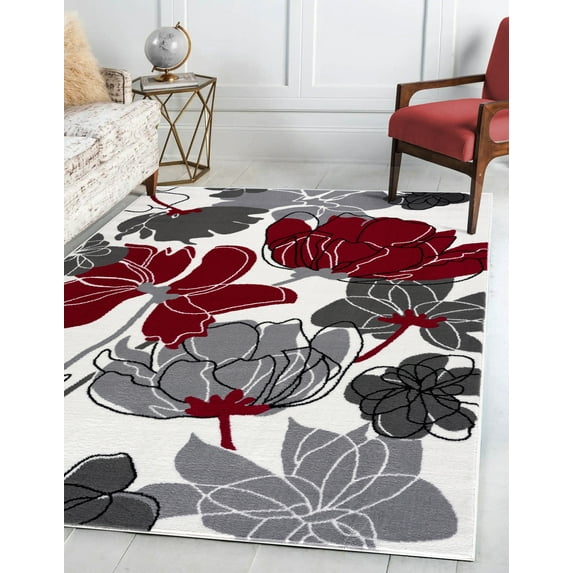 Beverly Rug Indoor Area Rug, Easy Cleaning Bedroom, Area Rug Cream Burgundy, 5' x 7'
