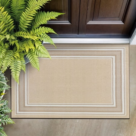 Beverly Rug Indoor Bordered Area Rugs, Non Slip Rubber Backing Modern Living Room Area Rug, Beige, 2'x3'