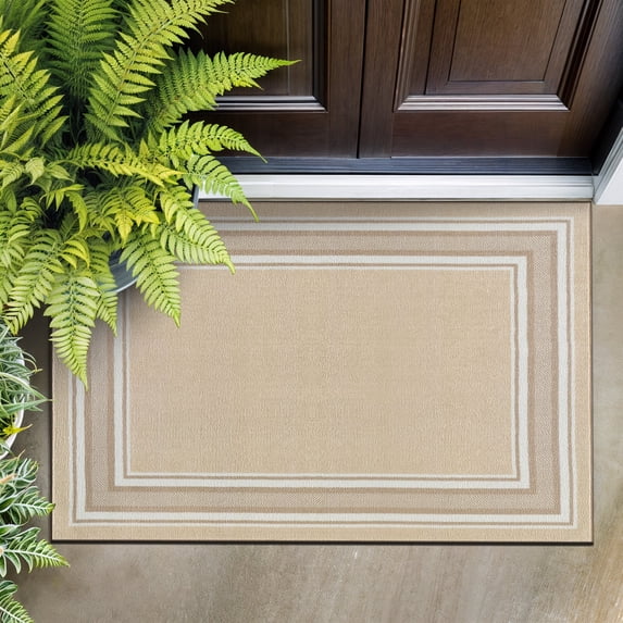 Beverly Rug Indoor Bordered Area Rugs, Non Slip Rubber Backing Modern Living Room Area Rug, Beige, 2'x3'