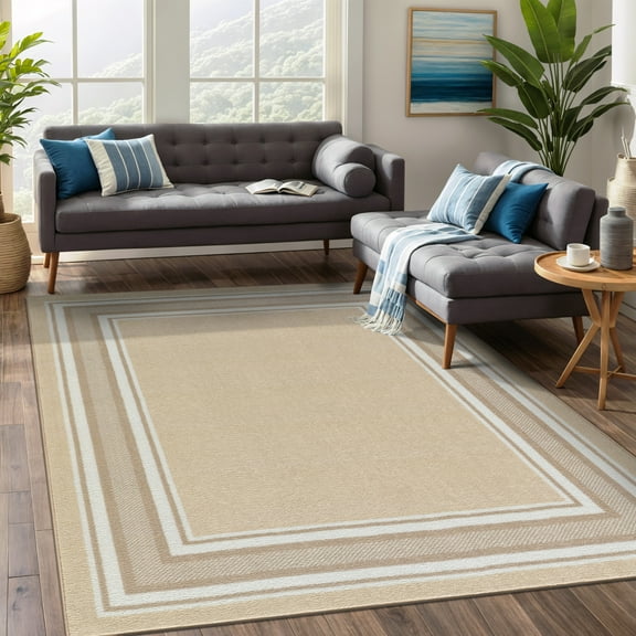 Beverly Rug Indoor Bordered Area Rugs, Non Slip Rubber Backing Modern Living Room Area Rug, Beige, 3'x5'
