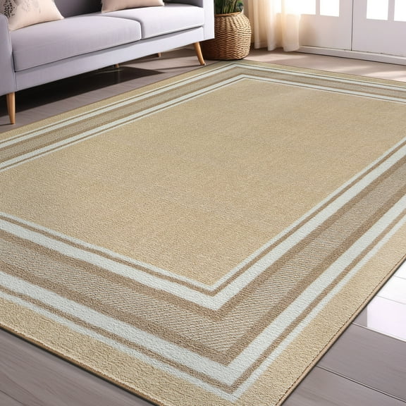 Beverly Rug Indoor Bordered Area Rugs, Non Slip Rubber Backing Modern Living Room Area Rug, Beige, 5'x7'