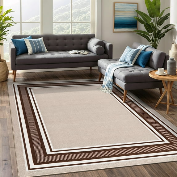Beverly Rug Indoor Bordered Area Rugs, Non Slip Rubber Backing Modern Living Room Area Rug, Beige Brown, 3'x5'