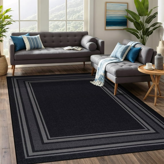 Beverly Rug Indoor Bordered Area Rugs, Non Slip Rubber Backing Modern Living Room Area Rug, Black, 3x3