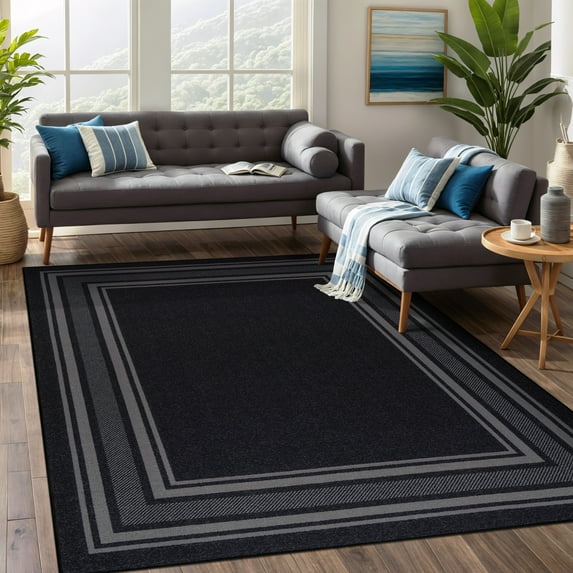 Beverly Rug Indoor Bordered Area Rugs, Non Slip Rubber Backing Modern Living Room, Black, 5'x7'