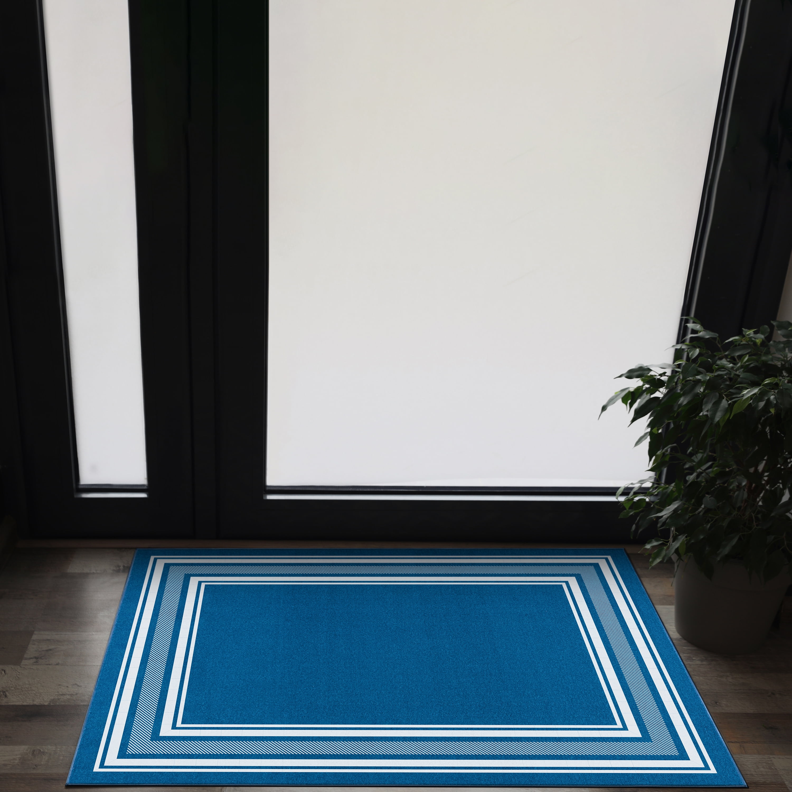 Blue Modern Bordered Non-Skid/Non-Slip Low Profile Pile Rubber Backing Area  Rugs