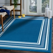 Beverly Rug Indoor Bordered Area Rugs, Non Slip Rubber Backing Modern Living Room Area Rug, Blue, 5' x 7'