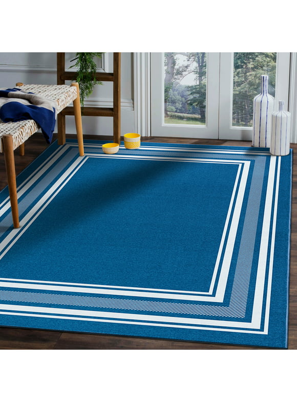 Beverly Rug Indoor Bordered Area Rugs, Non Slip Rubber Backing Modern Living Room Area Rug, Blue, 5' x 7'
