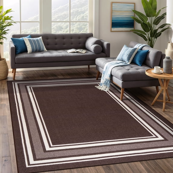Beverly Rug Indoor Bordered Area Rugs, Non Slip Rubber Backing Modern Living Room Area Rug, Brown, 3x5