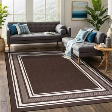 Beverly Rug Indoor Bordered Area Rugs, Non Slip Rubber Backing Modern Living Room Area Rug, Brown, 8'x10'