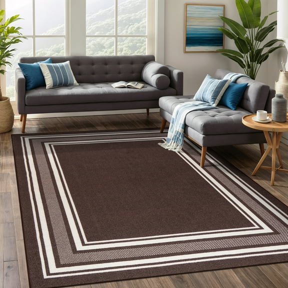 Beverly Rug Indoor Bordered Area Rugs, Non Slip Rubber Backing Modern Living Room Area Rug, Brown, 8'x10'