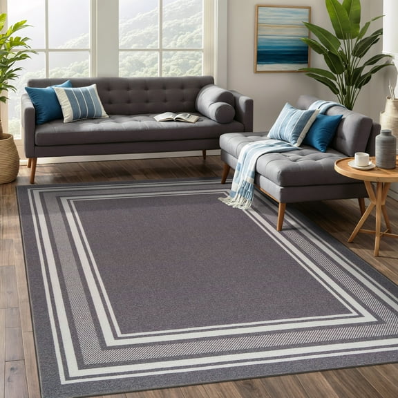 Beverly Rug Indoor Bordered Area Rugs, Non Slip Rubber Backing Modern Living Room Area Rug, Gray, 5'x7'