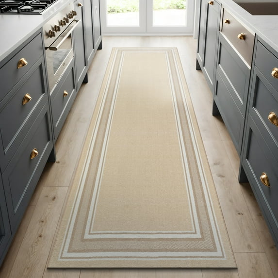 Beverly Rug Indoor Bordered Area Rugs, Non Slip Rubber Backing Modern Living Room Runner Rug, Beige, 2'x7'