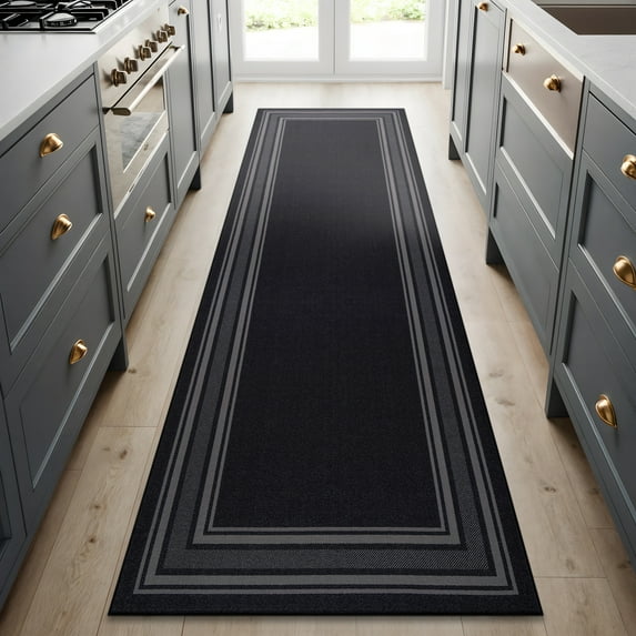 Beverly Rug Indoor Bordered Area Rugs, Non Slip Rubber Backing Modern Living Room Runner Rug, Black, 2x7