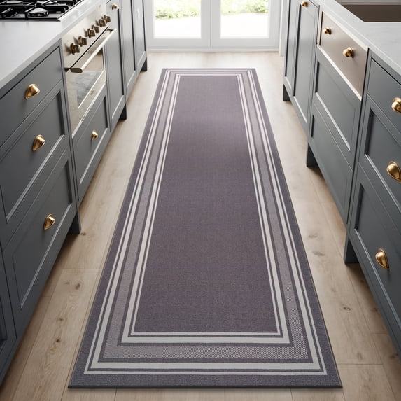 Beverly Rug Indoor Bordered Area Rugs, Non Slip Rubber Backing Modern Living Room Runner Rug, Gray, 2x7