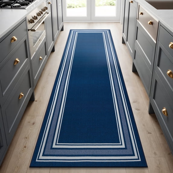 Beverly Rug Indoor Bordered Area Rugs, Non Slip Rubber Backing Modern Living Room Runner Rug, Navy, 2x7