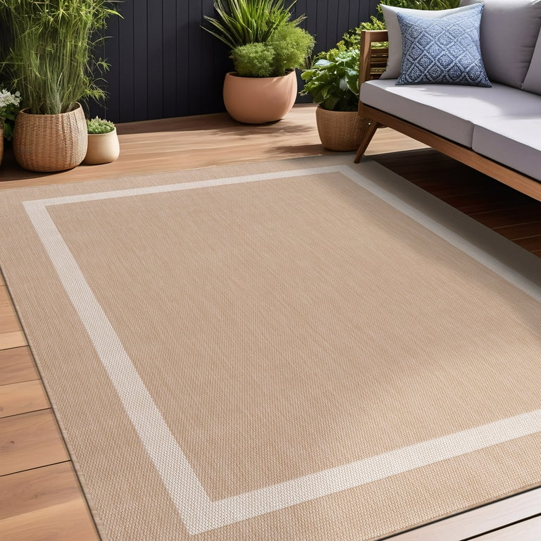 7'X10' Beige Machine Woven Uv Treated Geometric Indoor Outdoor Area Rug 7'X10' Beige Machine Woven Uv Treated Geometric Indoor Outdoor Area Rug