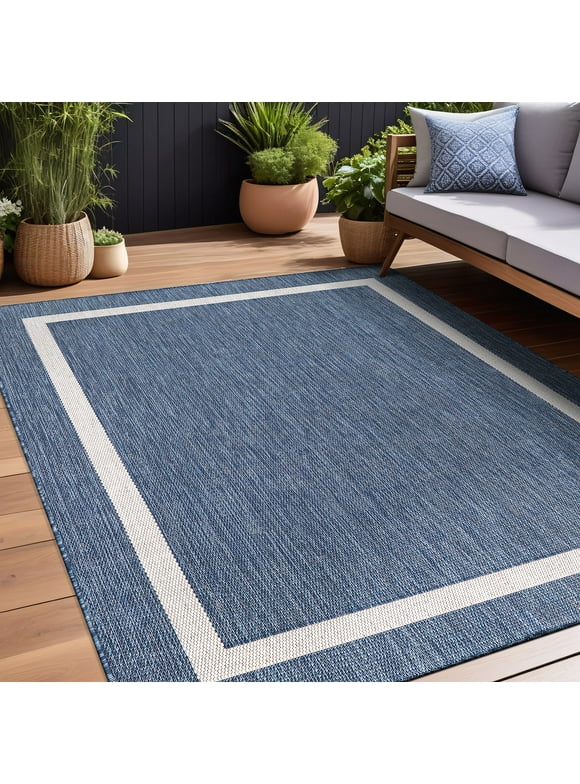 Beverly Rug Indoor/Outdoor Area Rugs, Bordered Patio Porch Garden Carpet, Blue and White, 5'x7'