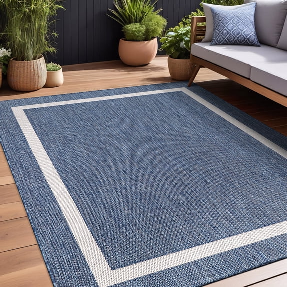 Beverly Rug Indoor/Outdoor Area Rugs, Bordered Patio Porch Garden Carpet, Blue and White, 6'x9'