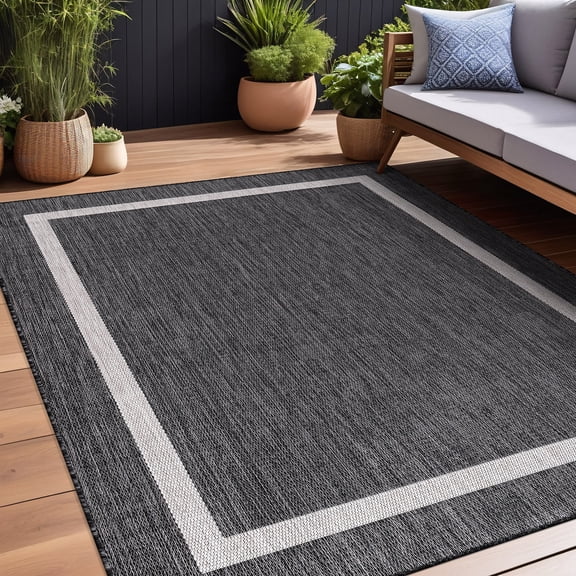 Beverly Rug Indoor/Outdoor Area Rugs, Bordered Patio Porch Garden Carpet, Dark Gray, 5'x7'