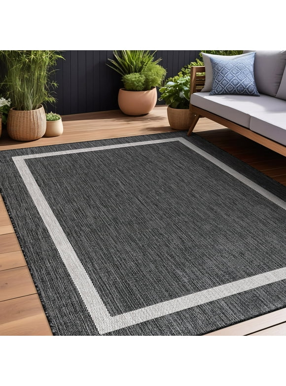 Beverly Rug Indoor/Outdoor Area Rugs, Bordered Patio Porch Garden Carpet, Dark Gray, 8'x10'