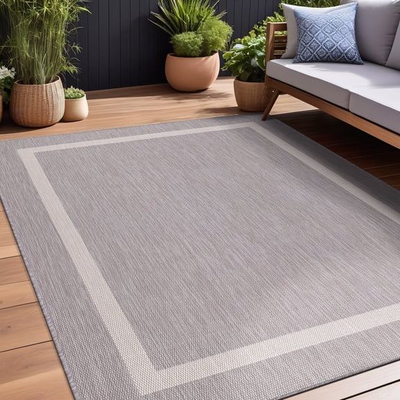 Beverly Rug Indoor/Outdoor Area Rugs, Bordered Patio Porch Garden Carpet, Gray and White, 8'x10'