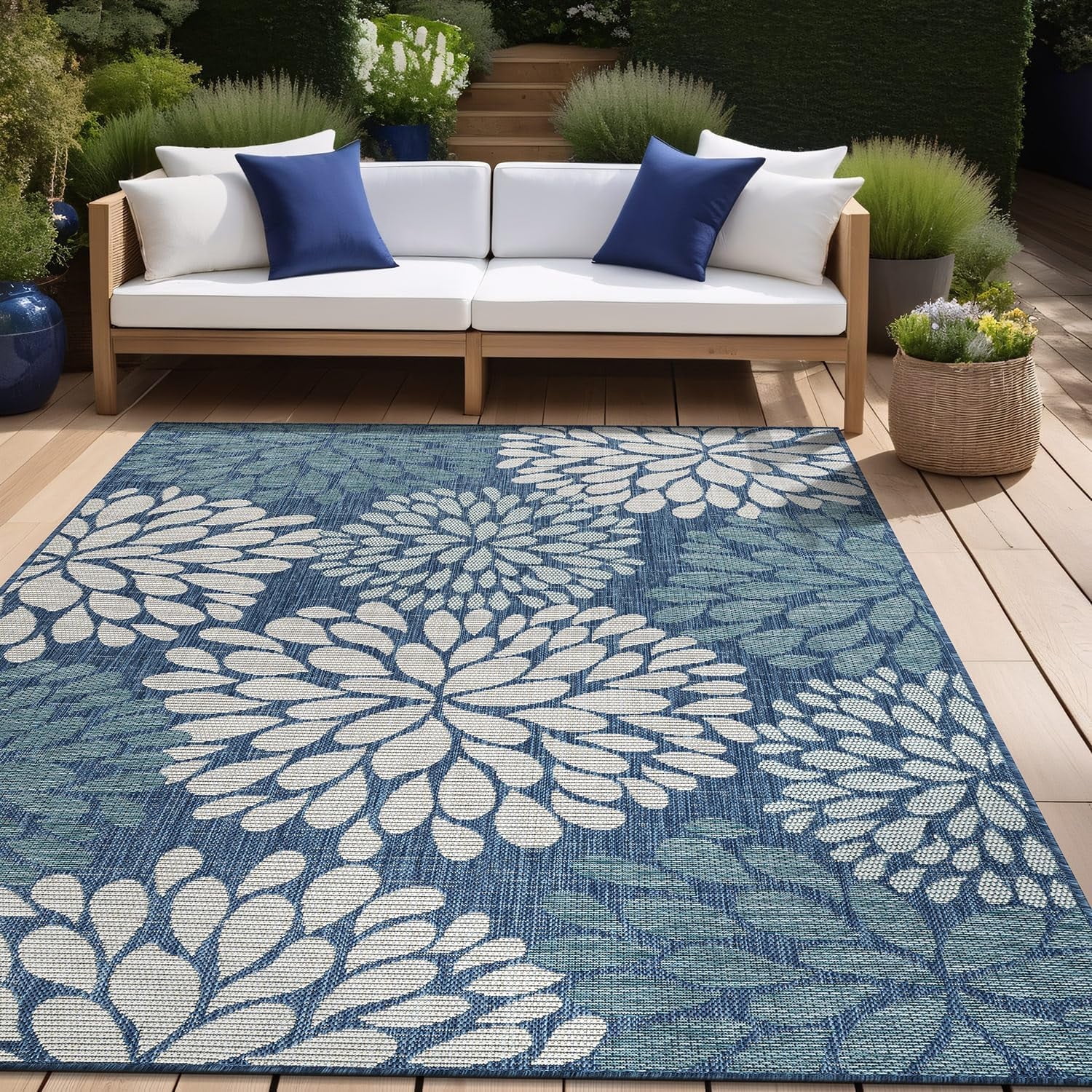 Beverly Rug Indoor/Outdoor Area Rugs,Modern Floral Patio Porch Garden Carpet, Blue/Turquoise, 5'x7'