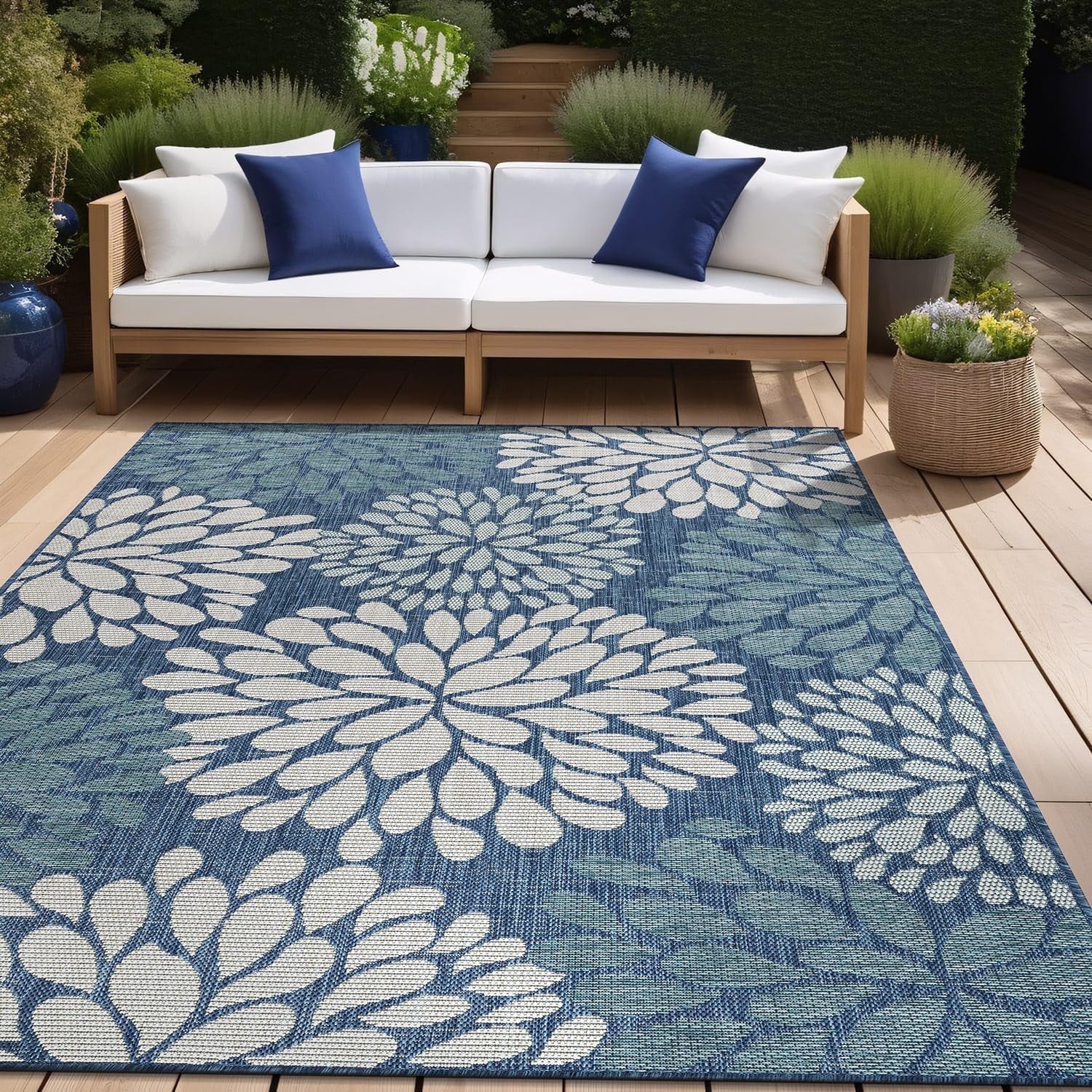 Beverly Rug Indoor/Outdoor Area Rugs,Modern Floral Patio Porch Garden Carpet, Blue/Turquoise, 9'x12'
