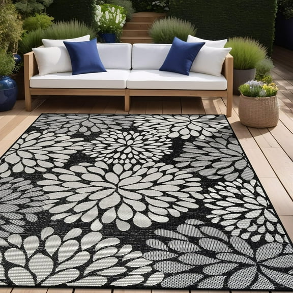 Beverly Rug Indoor/Outdoor Area Rugs,Modern Floral Patio Porch Garden Carpet, Dark Grey/Black, 5'x7'