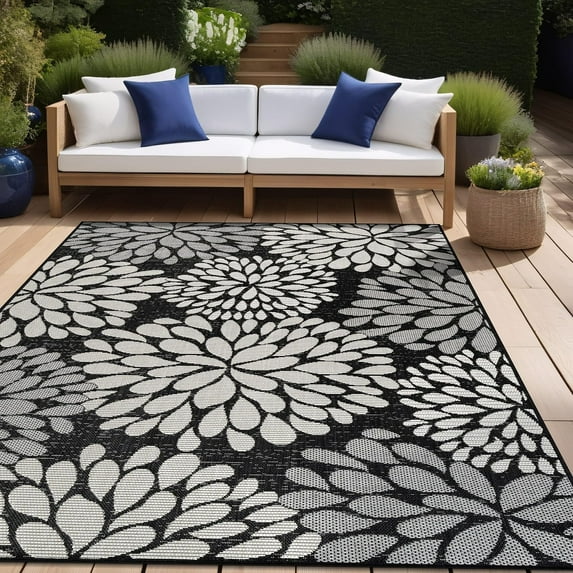 Beverly Rug Indoor/Outdoor Area Rugs,Modern Floral Patio Porch Garden Carpet, Dark Grey/Black, 8'x10'