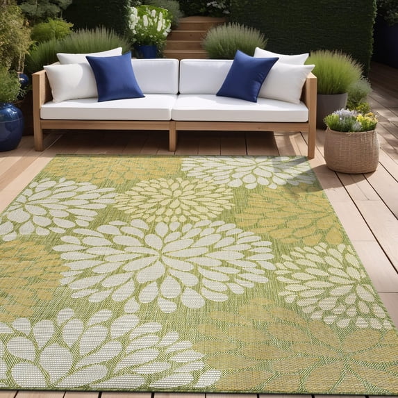 Beverly Rug Indoor/Outdoor Area Rugs,Modern Floral Patio Porch Garden Carpet, Green, 10'x14'