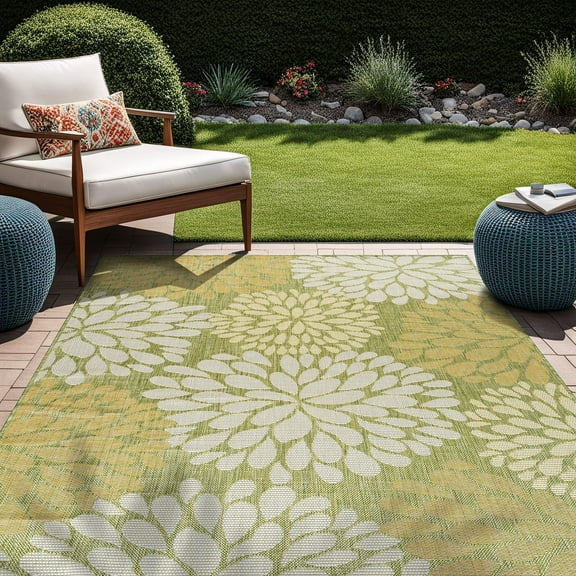 Beverly Rug Indoor/Outdoor Area Rugs,Modern Floral Patio Porch Garden Carpet, Green, 5'x7'