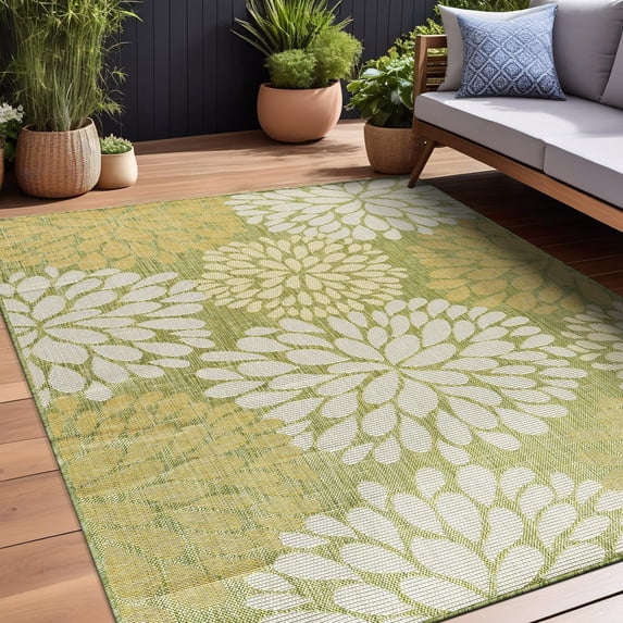 Beverly Rug Indoor/Outdoor Area Rugs,Modern Floral Patio Porch Garden Carpet, Green, 8'x10'
