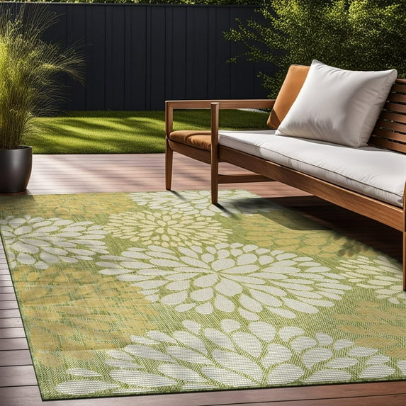Beverly Rug Indoor/Outdoor Area Rugs,Modern Floral Patio Porch Garden Carpet, Green, 9'x12'