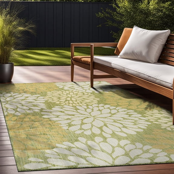 Beverly Rug Indoor/Outdoor Area Rugs,Modern Floral Patio Porch Garden Carpet, Green, 9'x12'