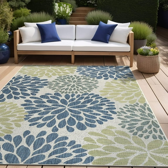 Beverly Rug Indoor/Outdoor Area Rugs,Modern Floral Patio Porch Garden Carpet, Olive/Blue, 10'x14'