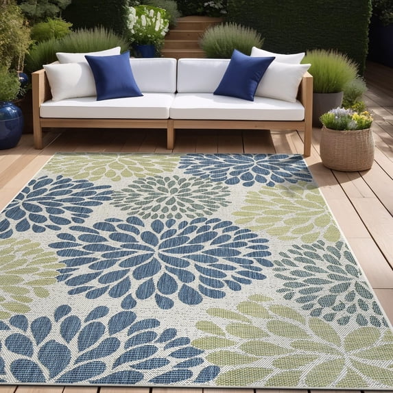 Beverly Rug Indoor/Outdoor Area Rugs,Modern Floral Patio Porch Garden Carpet, Olive/Blue, 6'x9'