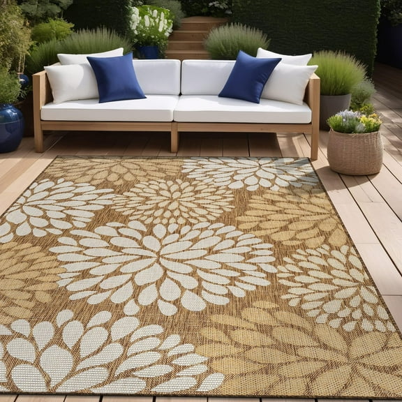 Beverly Rug Indoor/Outdoor Area Rugs,Modern Floral Patio Porch Garden Carpet, Wooden/Beige, 5'x7'