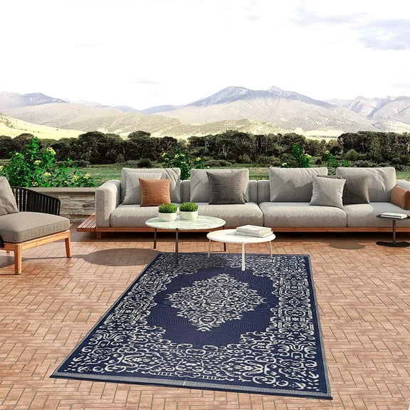 Beverly Rug Indoor Outdoor Reversible Plastic Area Rug - 5x7 - Blue / White