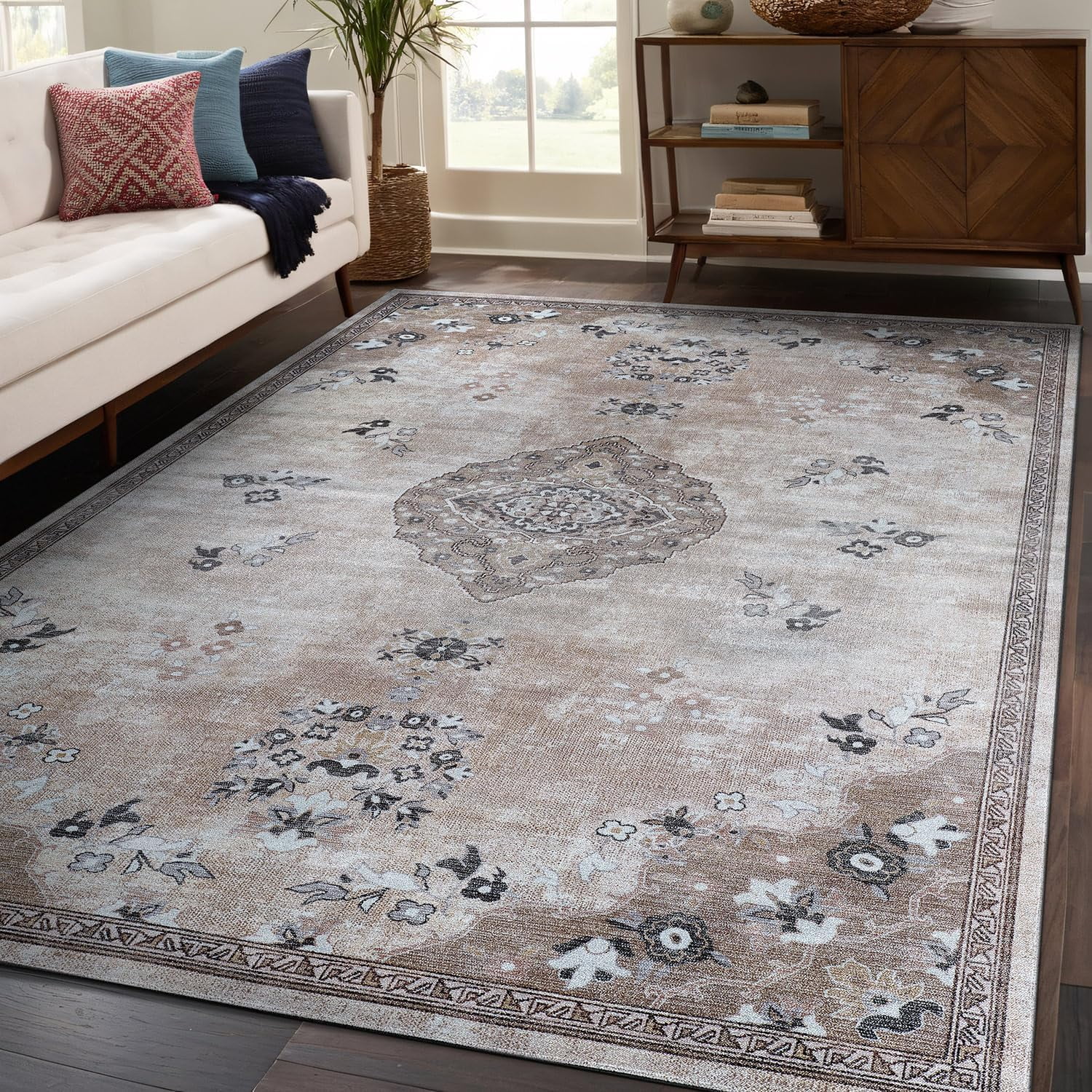 Beverly Rug Machine Washable Easy Cleaning Indoor Non-Slip Rugs Beige / Brown 4'x6'