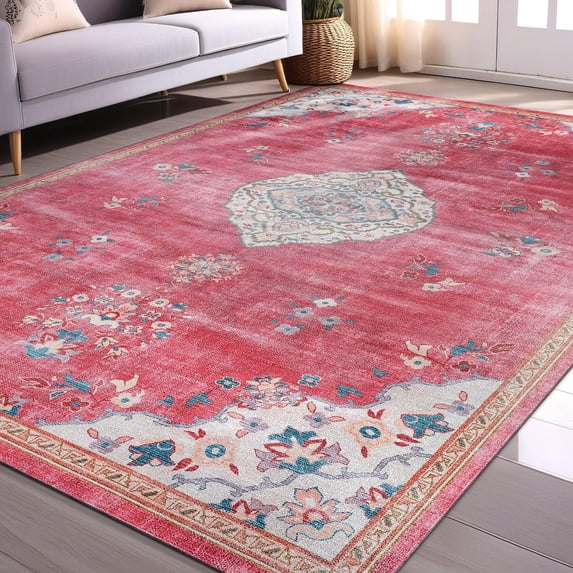 Beverly Rug Machine Washable Easy Cleaning Indoor Non-Slip Rugs Fuchsia / Cream 5'x7'