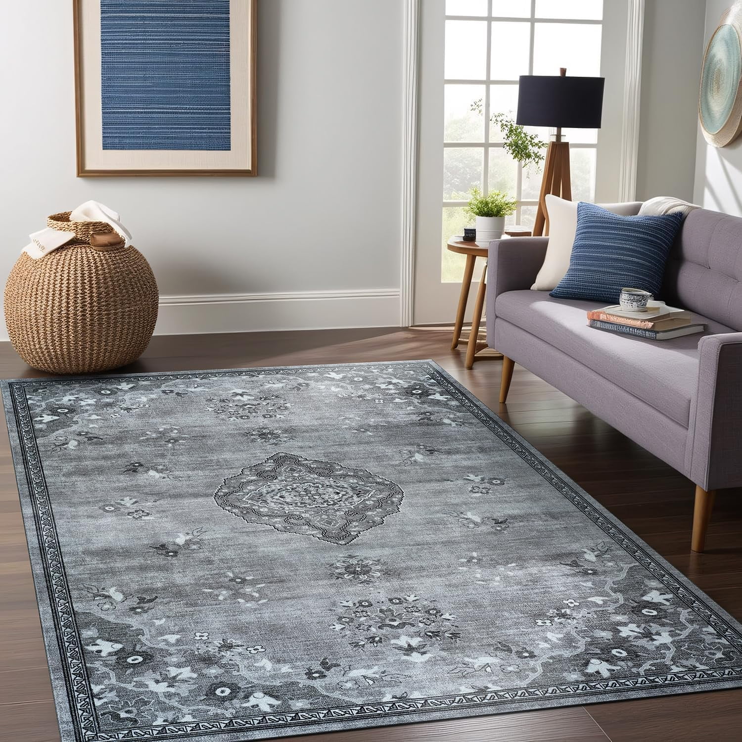 Beverly Rug Machine Washable Easy Cleaning Indoor Non-Slip Rugs Gray / Dark Gray 4'x6'