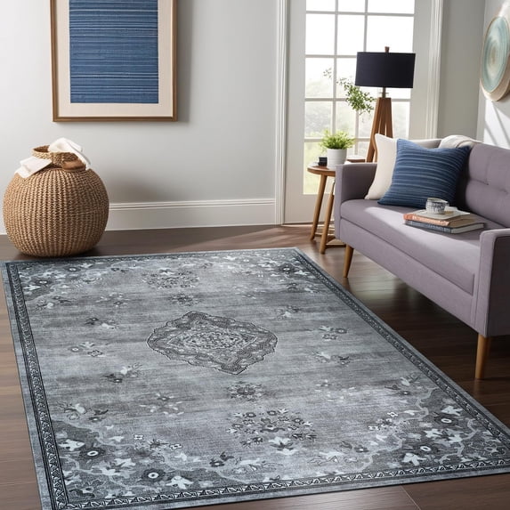 Beverly Rug Machine Washable Easy Cleaning Indoor Non-Slip Rugs Gray / Dark Gray 4'x6'