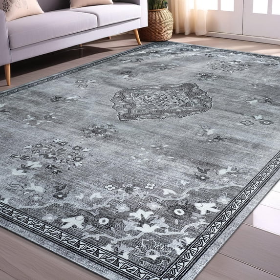 Beverly Rug Machine Washable Easy Cleaning Indoor Non-Slip Rugs Gray / Dark Gray 5'x7'