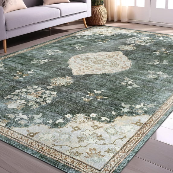 Beverly Rug Machine Washable Easy Cleaning Indoor Non-Slip Rugs Green / Cream 4'x6'