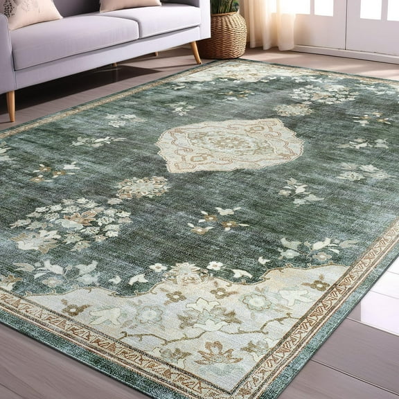 Beverly Rug Machine Washable Easy Cleaning Indoor Non-Slip Rugs Green / Cream 5'x7'